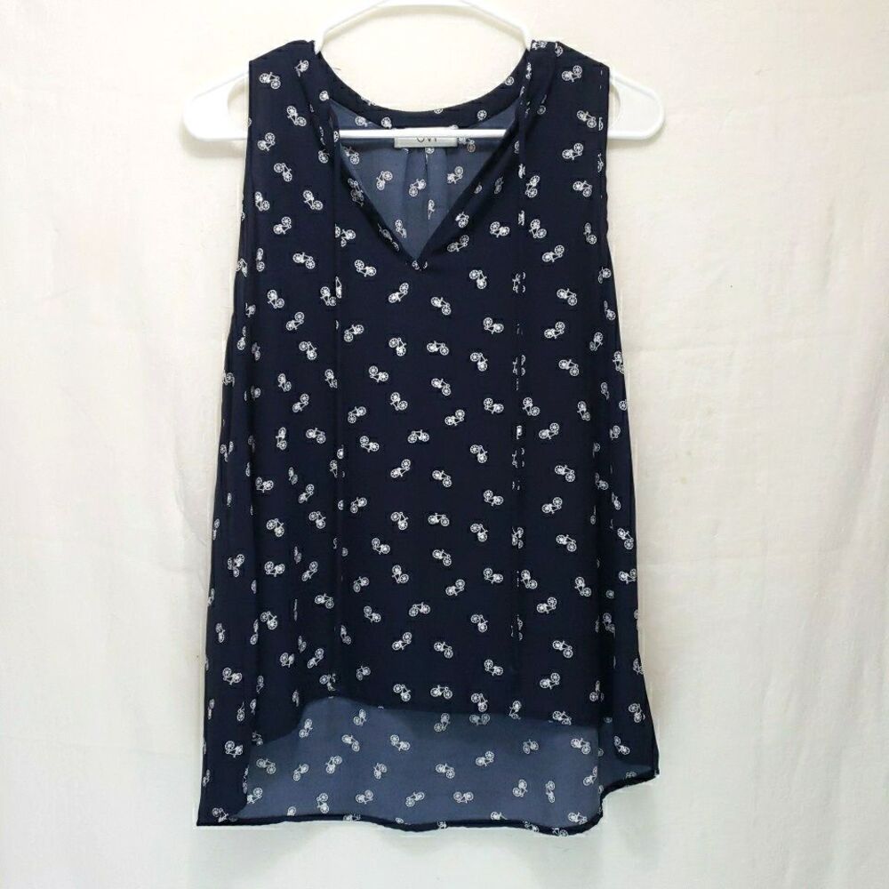 Ovi Navy Blue White Bicycle Print Sleeveless Top Sz L Split Neck Sheer Tank